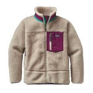 Patagonia Kids Cream Fleece Jacket with Magenta Pocket and Teal Collar Trim
